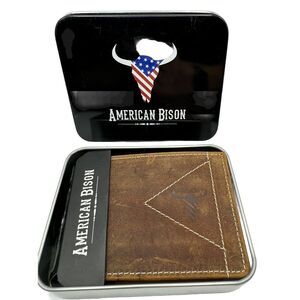 AMERICAN BISON GENUINE LEATHER BROWN MEN'S WALLET Tin Box NEW